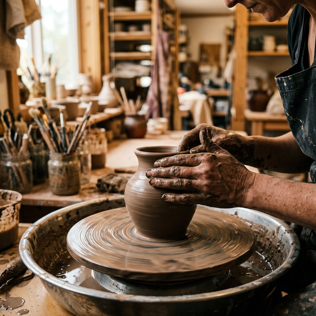 Craftsman hands making clay pottery